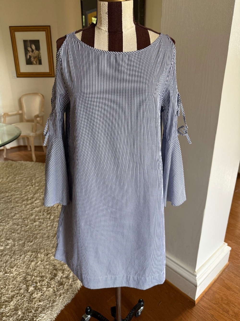 Avec Les Filles Womens Cold Shoulder Bell Sleeve Striped Dress 100% Cotton Small